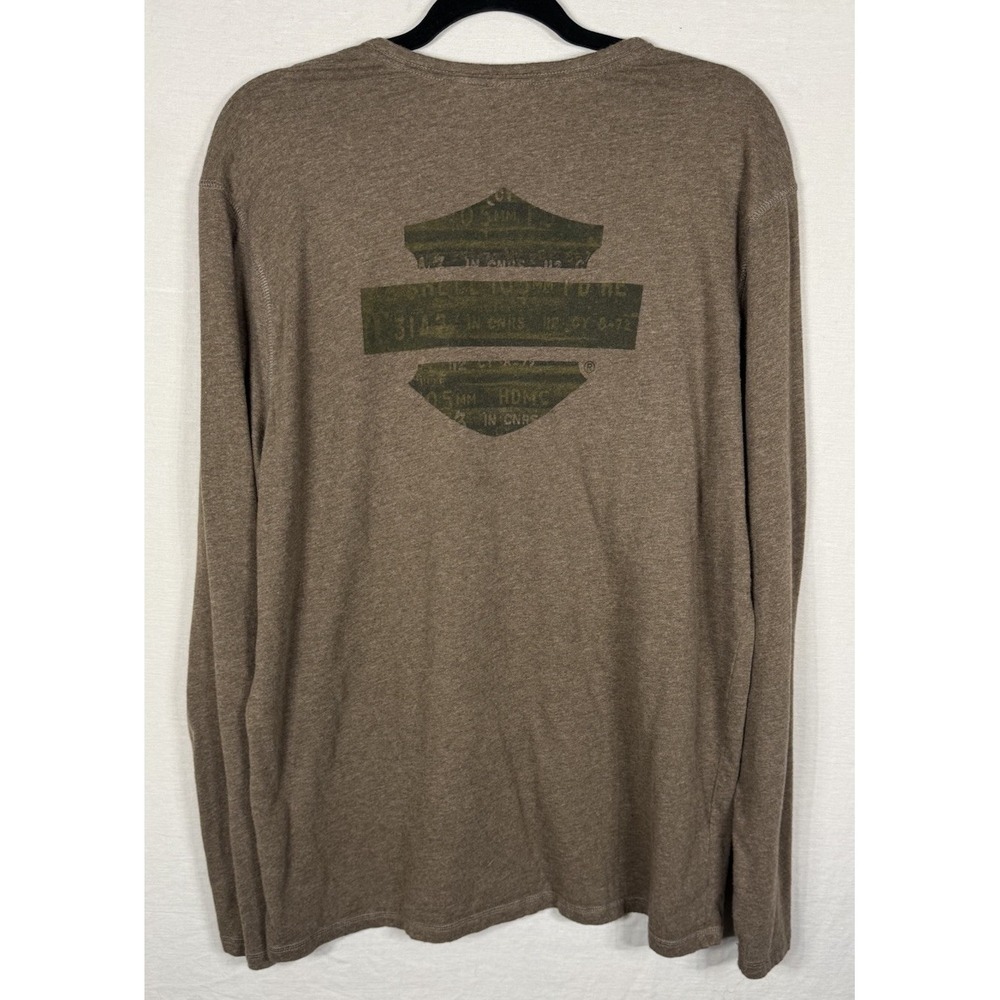 Harley Davidson Mens Long Sleeve Henley Shirt Brown Graphic Logo Casual Size XL